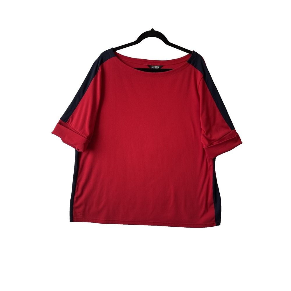 Lauren Ralph Lauren Red Blue Two Tone Boatneck Knit Top 3X Preppy Quiet Luxury